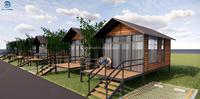 Cabane préfabriquée moderne et angulaire avec verrière du sol au plafond pour une vie en bord de mer