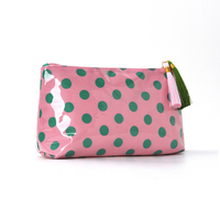 Pochette de maquillage imperméable à pois en PVC brillant, étui de rangement de voyage grande capacité avec fermeture éclair à pompon, sac à cosmétiques facile à nettoyer pour femmes