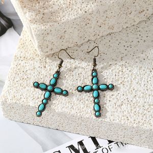 Cross Turquoise Pendant Necklace Set Zinc Alloy Bezel Setting Long <b>Tassel</b> <b>Earrings</b> Fashion Jewelry Geometric Design - Product Image 4