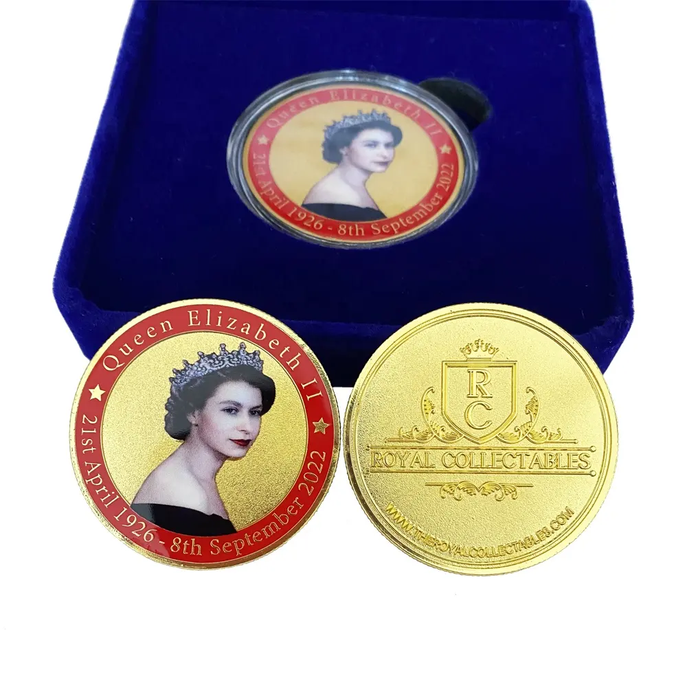 Cadeaux commémoratifs reine elizabeth photos en métal personnalisées pièces de monnaie