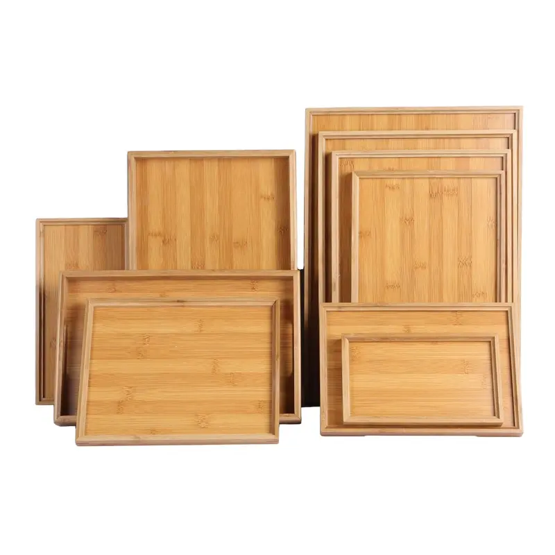 Wholesale LOGO Cheap Price Food Party Tea Coffee Table Wine Natural Breakfast Rectangle Wood Bamboo Serving Tray with Handle