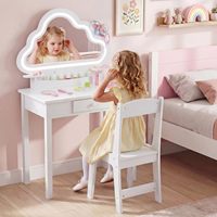 Ensemble de coiffeuse moderne en bois pour chambre à coucher avec miroir lumineux, tiroirs de rangement, porte-bijoux et chaise pour enfants, vente en gros