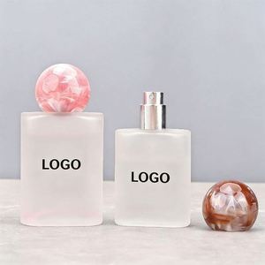Luxury Refillable Glass Perfume Bottle 30ml/50ml Square <b>Flat</b> Empty clear Frosted Spray Bottle with <b>Screw</b> Neck and Round Wood Cap - Product Image 2