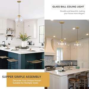 Luce a sospensione in <span class=keywords><strong>oro</strong></span> della metà del secolo in ottone spazzolato <span class=keywords><strong>paralume</strong></span> in vetro trasparente e27 Base per sala da pranzo luce a sospensione per camera da letto - Product Image 3