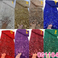 Vente chaude Fournisseur d'or Tissu en dentelle à paillettes vertes de haute qualité Perles Tulle Broderie Dentelle à paillettes Tissu perlé