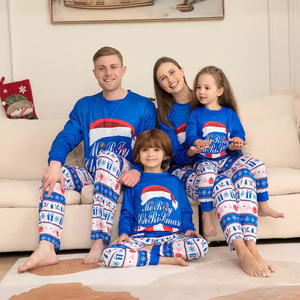 Pyjama bleu parent-enfant pour la maison, style décontracté, avec motif de chapeau de Noël et lettres imprimées, respirant, taille élastique - Product Image 2