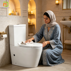 WC moderne sans bride en céramique, deux pièces, à poser au sol, <span class=keywords><strong>avec</strong></span> abattant à fermeture douce, idéal pour les projets hôteliers - Product Image 1