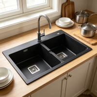 Évier de cuisine moderne noir mat à double bac en granit composite fait main sur mesure avec deux trous et taille personnalisable