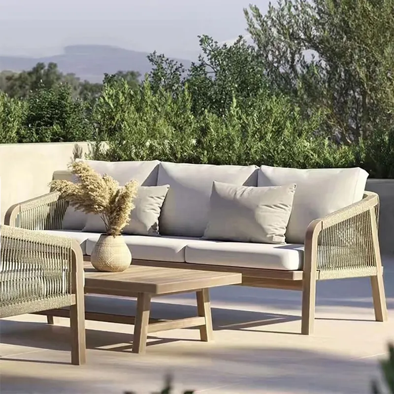 Hochwertige gewebte Seil Outdoor Sofa Stuhl Hotel Lounge Villa Garten Holz Sofa Set Möbel Designs