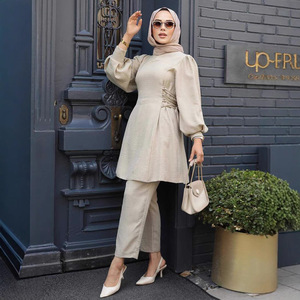 Traje Casual Musulmán Modesto para Mujer Árabe de Oriente Medio, Color Sólido, Top y Pantalón, Mangas Largas Ajustables - Product Image 6
