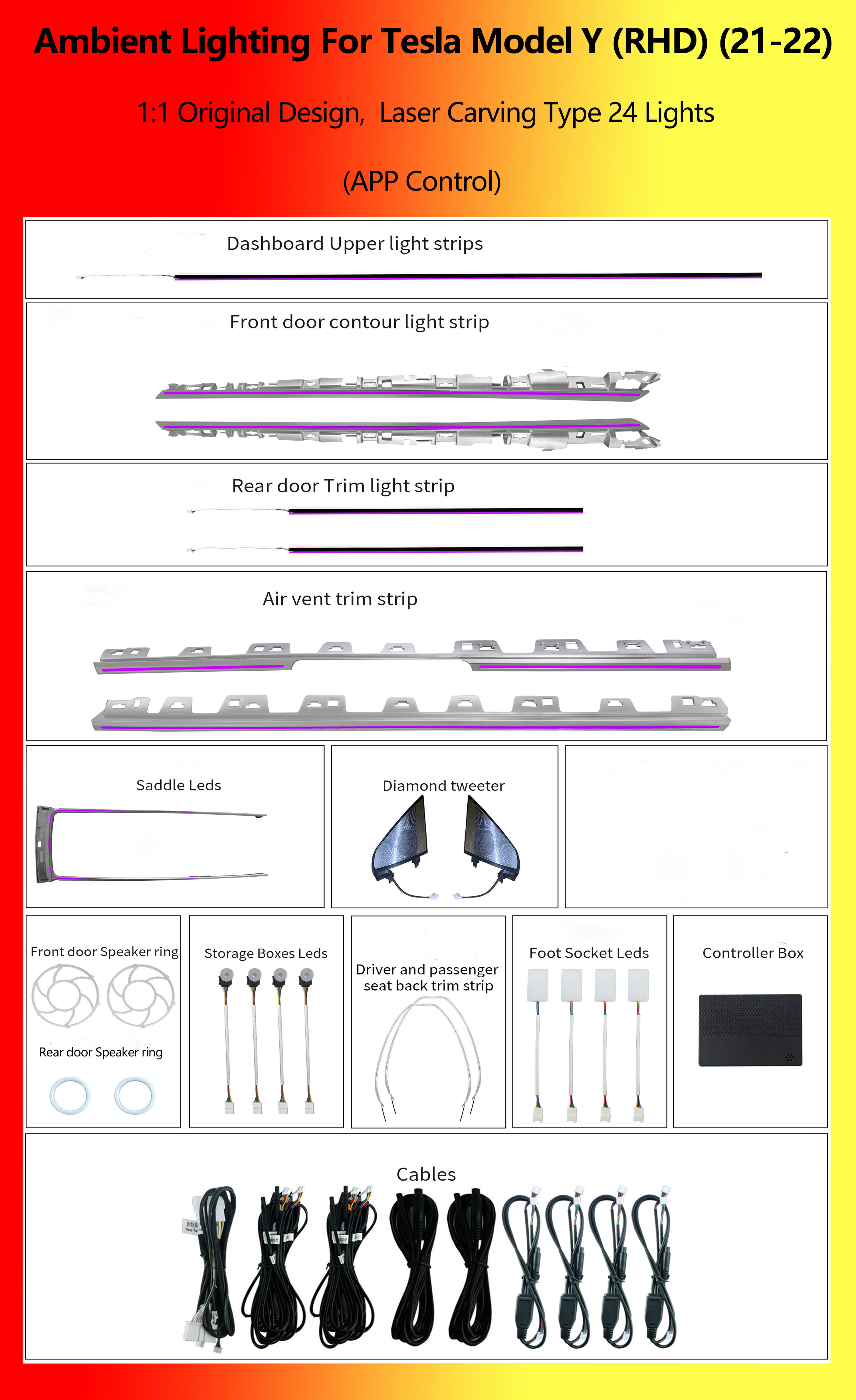 เทสลา โมเดล Y (พวงมาลัยขวา) ไฟ RGB 24 ดวง แบบแกะสลักด้วยเลเซอร์