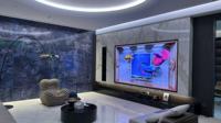 Sala privada de cine en casa inteligente de tamaño completo con colores vibrantes y sonido completo con pizarra electrónica interactiva