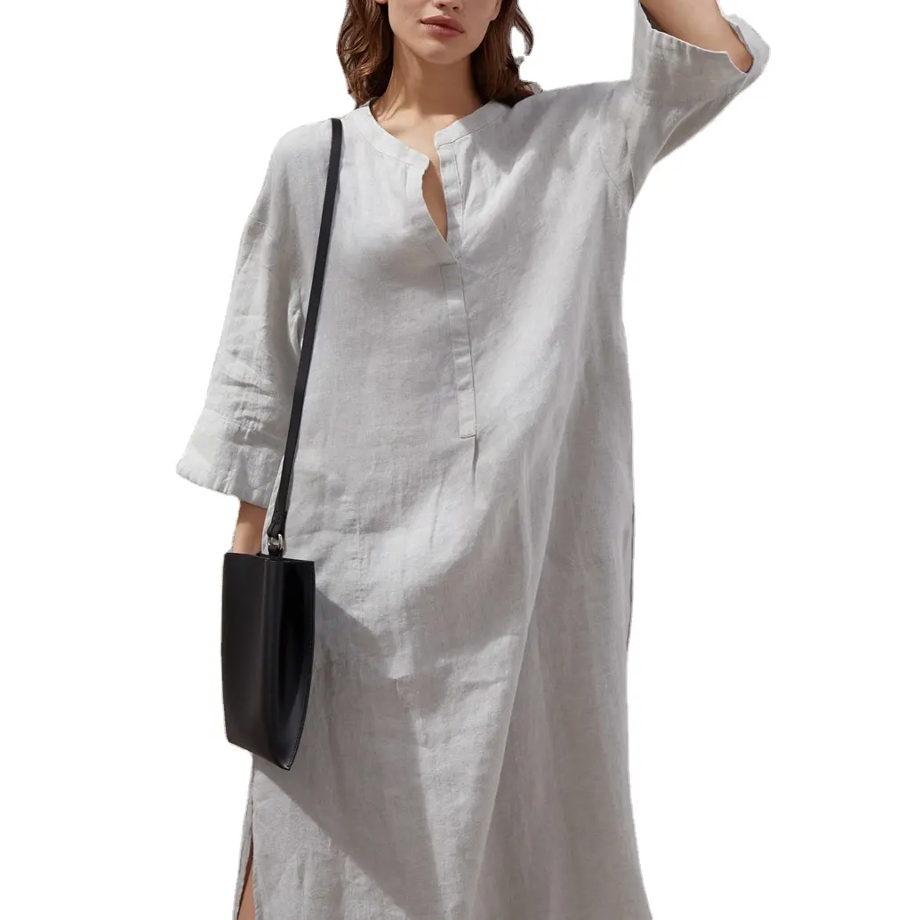 Toptan özel OEM hizmeti çevre dostu kumaşlar % 100% keten uzun T-shirt tarzı kız elbise uzun kollu mandarin yaka kadın