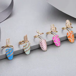 High quality gold plated jewelry finger rainbow cubic zircon enamel nail ring for women