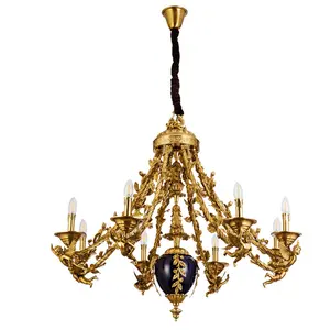 Pháp Phong Cách Rắn Brass Chandelier Lamp & Royalblue Gốm Pendant Ánh Sáng Hoàng Cung Treo Lamppara Thiết Bị Chiếu Sáng