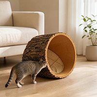 Lit pour chat en tronc d'arbre creux en chêne naturel, grande taille, coussin en peluche doux amovible, cachette rustique pour animaux de compagnie d'intérieur