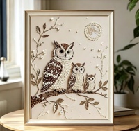 Peinture sur toile Famille de hiboux 3D perlée, Art mural animalier en relief, Impression acrylique encadrée, Décoration intérieure ton neutre