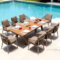 Ensemble de table et chaises d'extérieur moderne, léger, imperméable, en corde tressée à la main, avec plateau en bois plastique, pour villa, patio, salon.