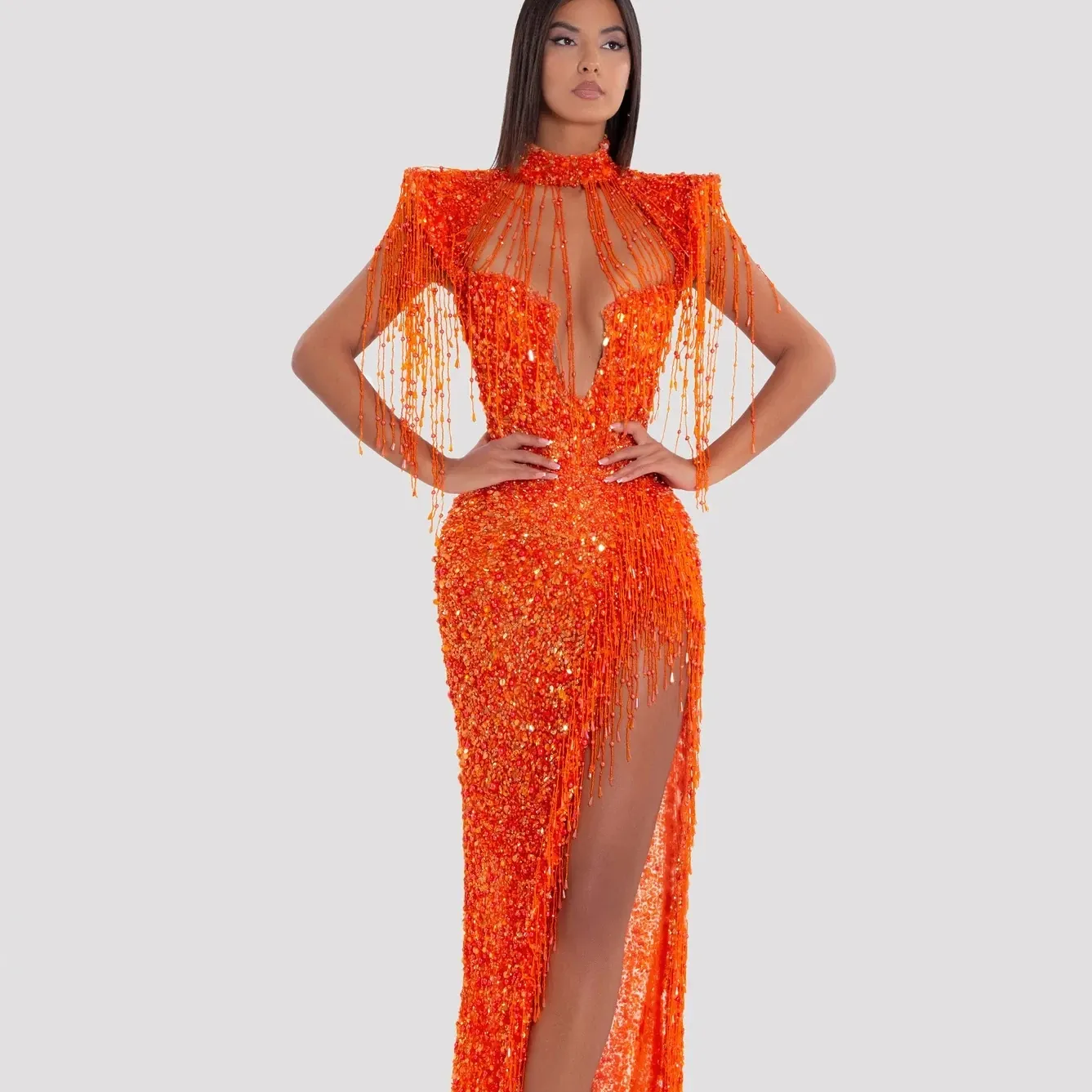 ED2570 Orange High Slit Sexy Maxi Dresses Luxury Dresses Women Elegant Ball Gown Sequin Pearl Evening Dress