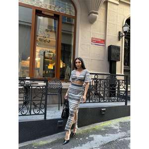 Conjunto de dos piezas de punto elegante para mujer, top corto y falda a juego, conjunto de traje transpirable a la moda, color beige - Product Image 2