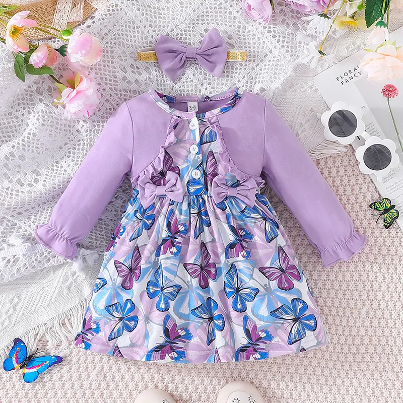 2023 new autumn baby butterfly printed dress infant girls long sleeve princess dress korea