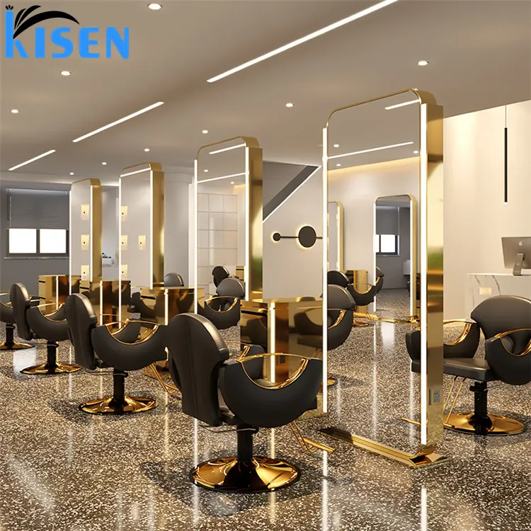 Kisen 2024 8-местный современный Стайлинг стул Золотой Черный Серебряный набор мебели для парикмахерской магазин на заказ настольная чаша с двойным боковым зеркалом