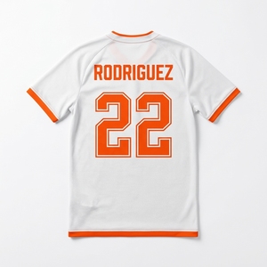 Camiseta de fútbol sublimada geométrica azul y naranja para hombre, manga corta, cuello redondo, absorbe la humedad, camisetas de fútbol unisex sublimadas - Product Image 5