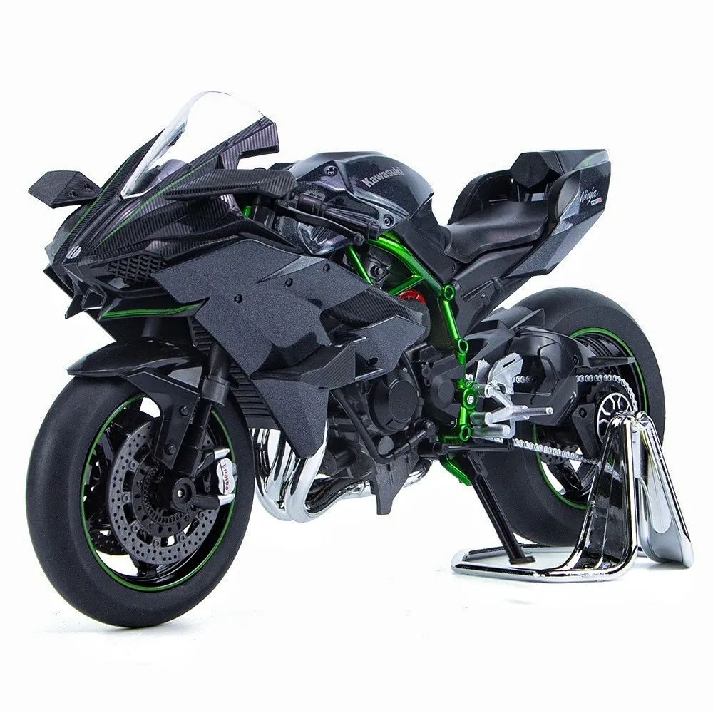 Diecast model sepeda motor Kawasaki Ninja H2R, ornamen kemudi depan roda logam dengan suara dan lampu 1:9