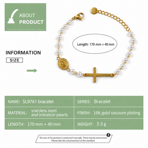 Pulsera de Perlas de Imitación con Cruz, Chapada en Oro de 14K, Opciones de Color Oro y Plata, para Mujer - Product Image 2
