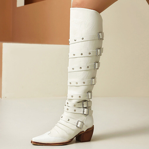 Cow Boy Women Western Styles Knee High <b>Boots</b> <b>Wedge</b> Chunky Heels Booties Pointed Toe Metal Buckles Shoes - Product Image 5