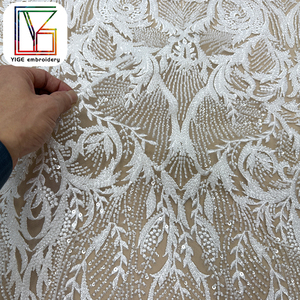 Tessuto in Pizzo Africano di Lusso con Perline e Ricami in Tulle, Tessuto Bianco con Paillettes e Perline Pesanti <span class=keywords><strong>per</strong></span> <span class=keywords><strong>Abiti</strong></span> <span class=keywords><strong>da</strong></span> <span class=keywords><strong>Sposa</strong></span> - Product Image 3