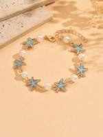 Chaîne de cheville tendance en alliage avec breloque étoile de mer, perles artificielles bleues scintillantes, maillons dorés et fermoir mousqueton pour femme, idéale pour l'été et la plage