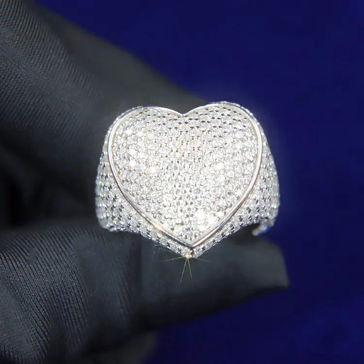 Custom Luxury Cuban Ring Full Ice Out Round Moissanite Diamond Ring Heart Shape Mens Rapper Hip Hop Ring