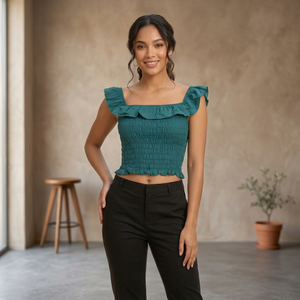 <b>Women's</b> <b>Teal</b> Ruffle Sleeveless Blouse Square Neck Rayon Elastic Casual Spring Summer <b>Top</b> - Product Image 4