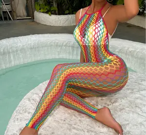 Rainbow Suspender offener Rücken einteiliger Overall fußloser Netz körper Strumpf neon sexy Unterwäsche