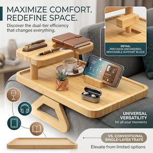 Plateau de service double couche <span class=keywords><strong>en</strong></span> bois et bambou pour accoudoir de canapé, avec porte-gobelet de voiture et support de téléphone, pour manger, boire du café et télécommander la télévision - Product Image 4