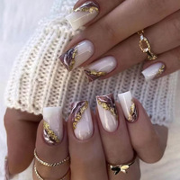 Faux ongles carrés courts en acrylique français à presser, style cercueil, en blanc et violet avec halo en feuille d'or et colle – Vente en gros