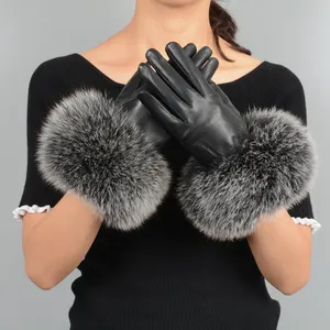 定制冬季防风皮革和狐狸毛手套户外驾驶时尚设计狐狸毛手套