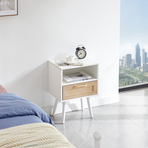 Rattan End Table With <b>Drawer</b> Solid Wood Legs Modern Nightstand <b>Side</b> Table White Bedroom Living Room - Product Image 2