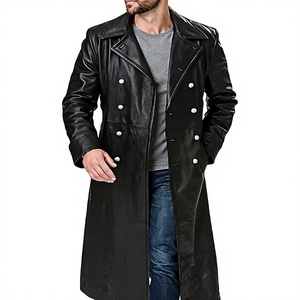 Manteau long en cuir véritable pour homme, double boutonnage, col à revers, avec poches, coupe classique - Product Image 4
