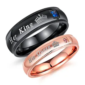 Black Rose Gold Luxury Titanium Steel Diamond Rings Wholesale Couple Rings Her King His Queen Rings For Men Wedding
