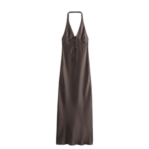 Robe longue élégante en satin à col halter et laçage, couleur unie, sans manches, coupe ajustée, ourlet droit, idéale pour les soirées, pour femme - Product Image 1