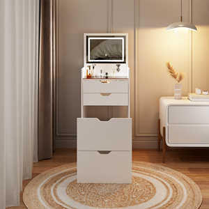 Modern Wood 3-in-1 Multifunctional <b>Dressing</b> <b>Table</b> <b>Stool</b> Set Three-color Lighting Modes HD Mirror Two Sliding Drawers Hidden - Product Image 2