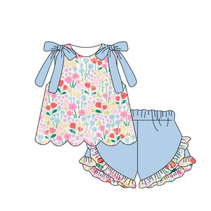 GSSO3388 Conjunto de ropa de verano para niña pequeña con estampado de flores y rayas amarillas, venta al por mayor, conjunto de ropa infantil de manga corta para niña - Product Image 3