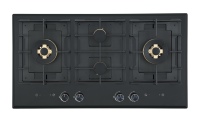 Table de cuisson à gaz en verre noir de qualité supérieure à 4 brûleurs, design encastrable avec protection contre l'extinction de la flamme et boutons de commande dorés