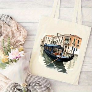 Sac fourre-tout réutilisable de grande capacité avec imprimé gondole de Venise et architecture, parfait pour le shopping, la plage et l'usage quotidien - Product Image 3