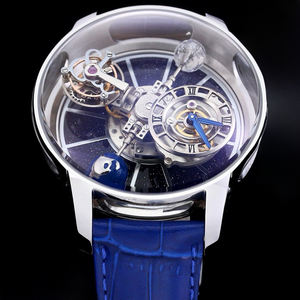 Reloj Mecánico para Hombre Estilo Astronomia Tourbillon con Esfera de Cielo Estrellado, Caja Plateada, Globo Terráqueo Giratorio y Correa de Cocodrilo Azul - Product Image 2