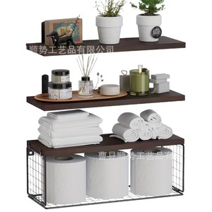 Iron Wood Wall Shelf 40cm 3 Tier <b>Storage</b> <b>Rack</b> For Bathroom Living Room Display - Product Image 5