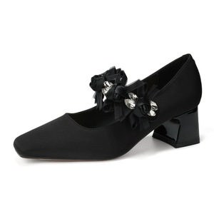 Zapatos Mary Jane de punta cuadrada de gamuza sintética con cristales florales, estilo retro de otoño, tacón grueso, sin cordones, para mujer. - Product Image 5