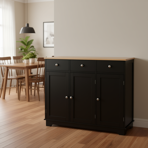 Black Rubberwood Top <b>Kitchen</b> <b>Sideboard</b> Buffet With 3 Drawers And 3 Cabinets Adjustable Shelves Modern Design - Product Image 2